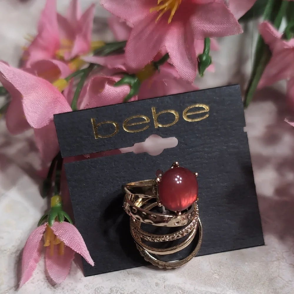 Bebe Red Stone and Gold Stackable Ring Set Size 8